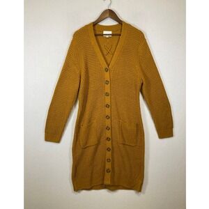 Earthy Layering Olive & Oak Women 1X Mustard Longline Waffle Knit Back Cardigan